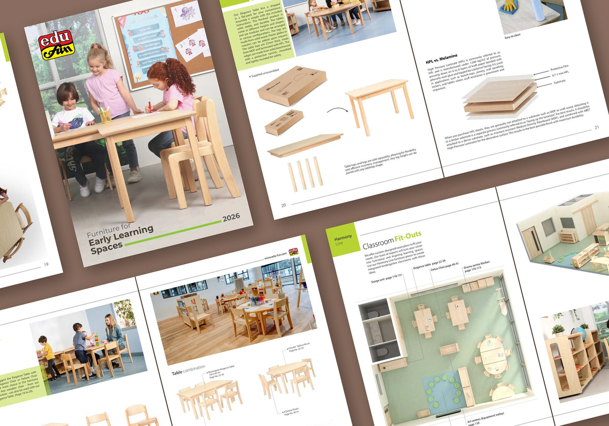 Spreads from the Edu Fun 2026 furniture catalogue laid out on a table