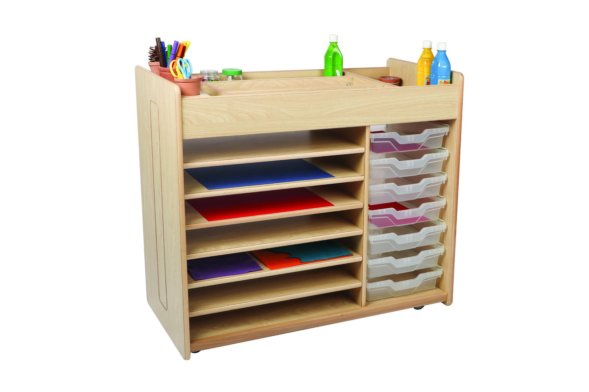 A wooden art trolley with paper shelves, clear trays and painting tools.
