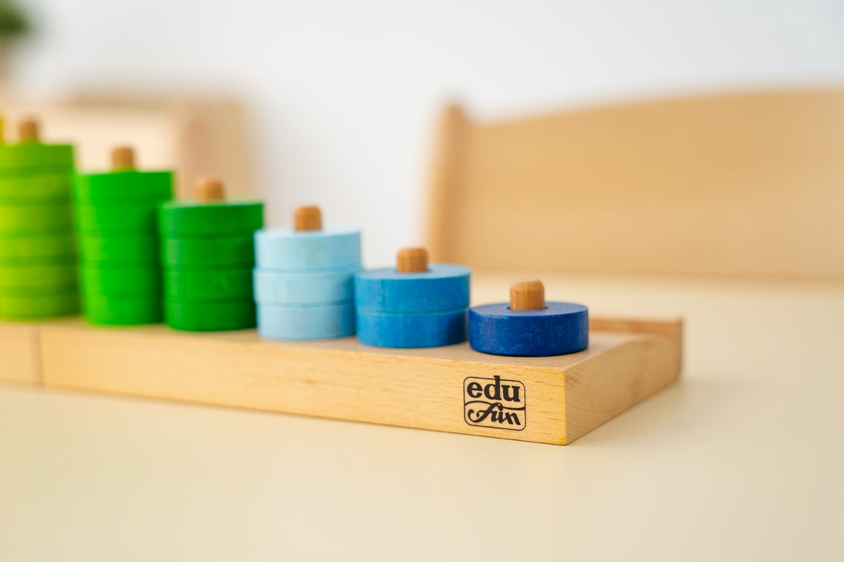 Close detail of coloured wooden counting rings and their natural timber base.