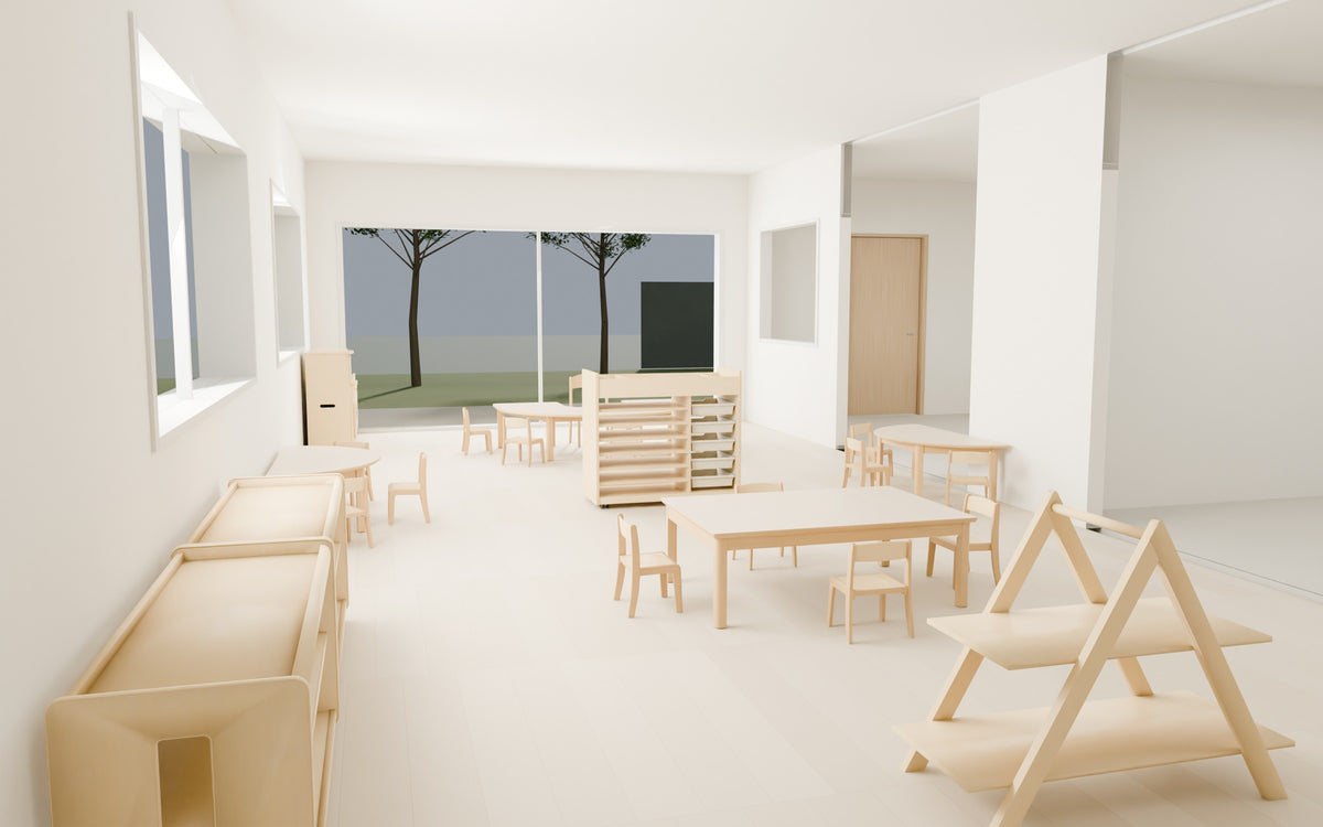 Eye-level room render with Edu Fun tables, chairs, easels and storage