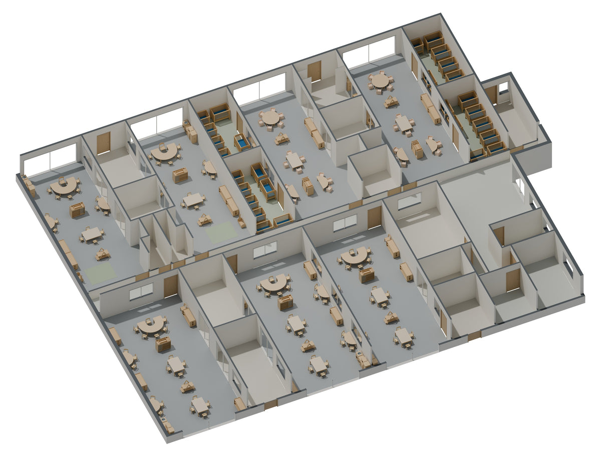 Aerial 3D design showing all rooms furnished with Edu Fun furniture