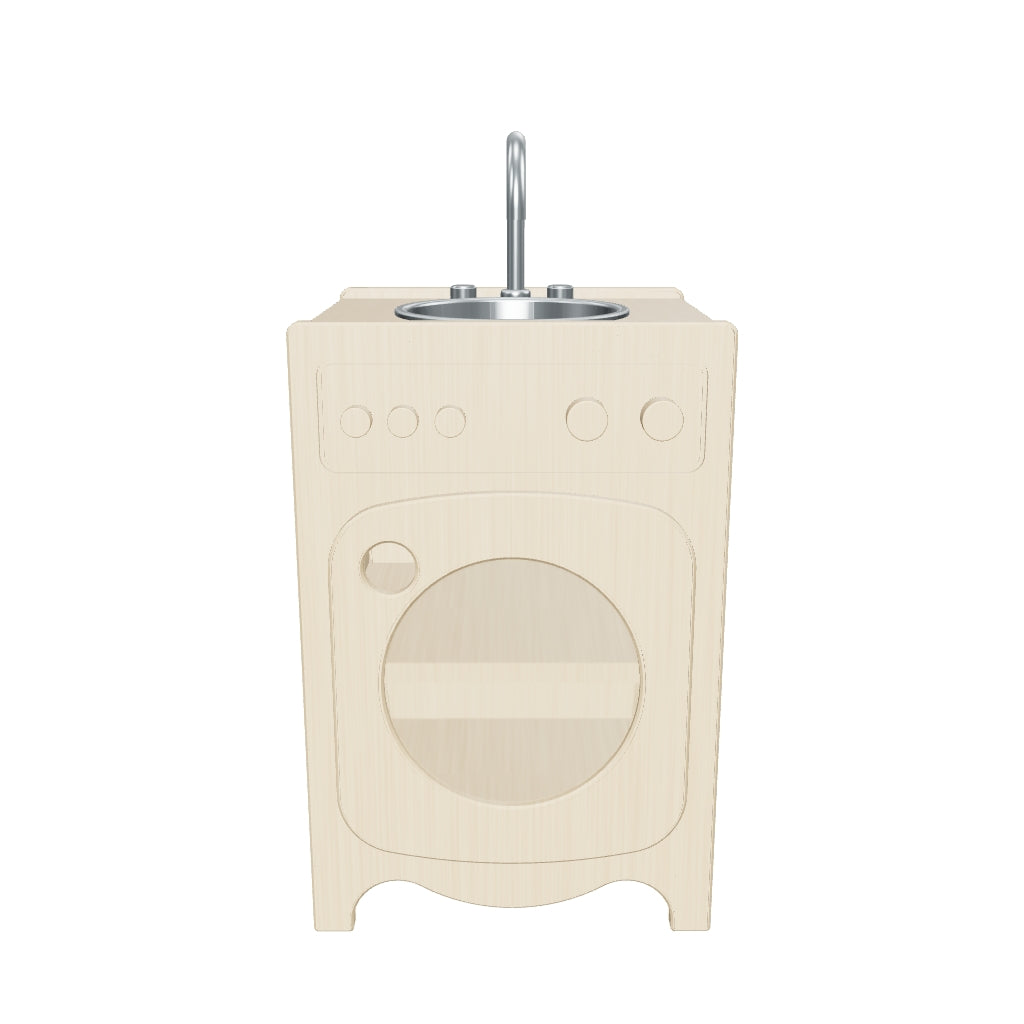 Kinder Play Kitchen | Sink Washing Machine — 3D model shows 40 × 40 cm, 60 cm worktop height; tap extends above (SKU 21802). Other sizes vary.